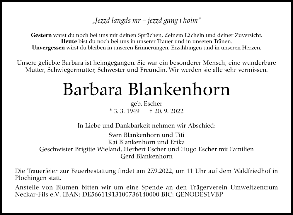  Traueranzeige für Barbara Blankenhorn vom 24.09.2022 aus Eßlinger Zeitung/Cannstatter Zeitung