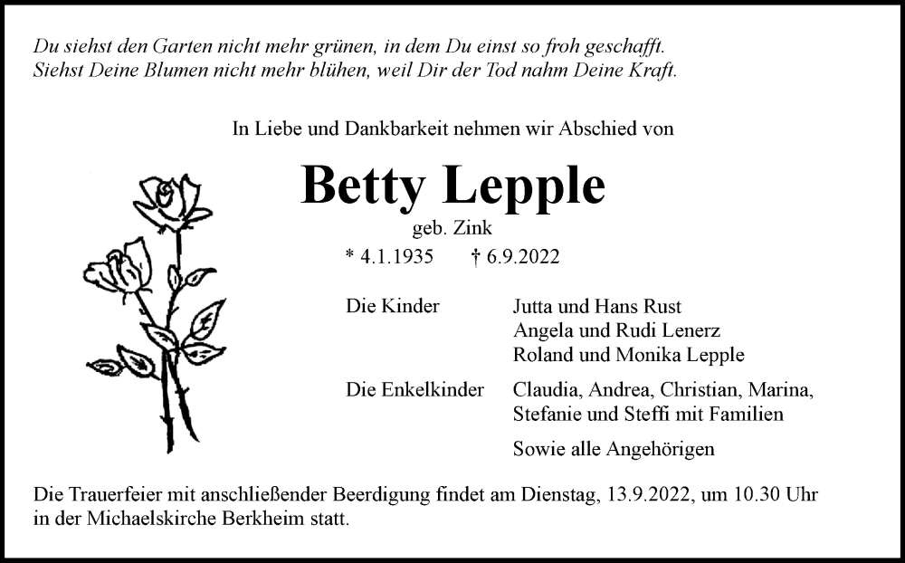  Traueranzeige für Betty Lepple vom 09.09.2022 aus Eßlinger Zeitung/Cannstatter Zeitung