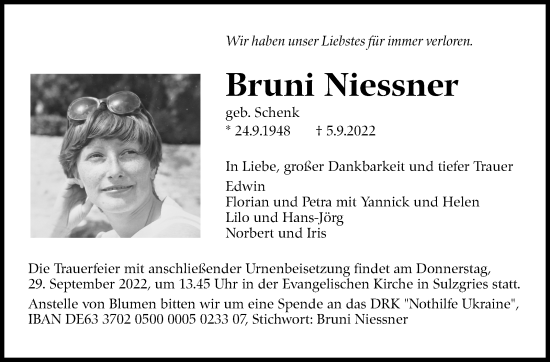 Traueranzeige von Bruni Niessner von Eßlinger Zeitung/Cannstatter Zeitung