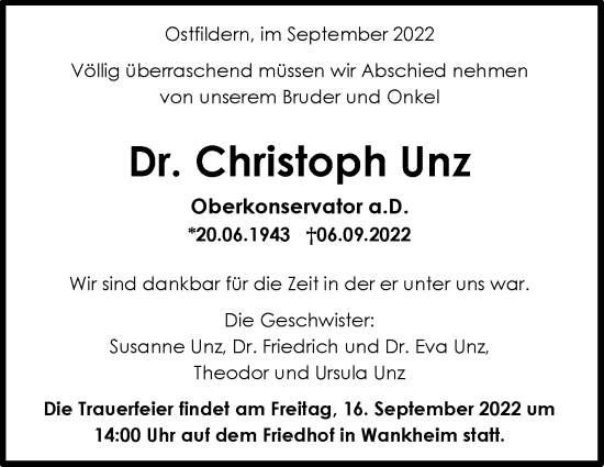 Traueranzeige von Christoph Unz von Eßlinger Zeitung/Cannstatter Zeitung