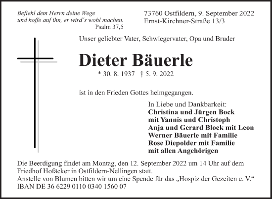 Traueranzeige von Dieter Bäuerle von Eßlinger Zeitung/Cannstatter Zeitung