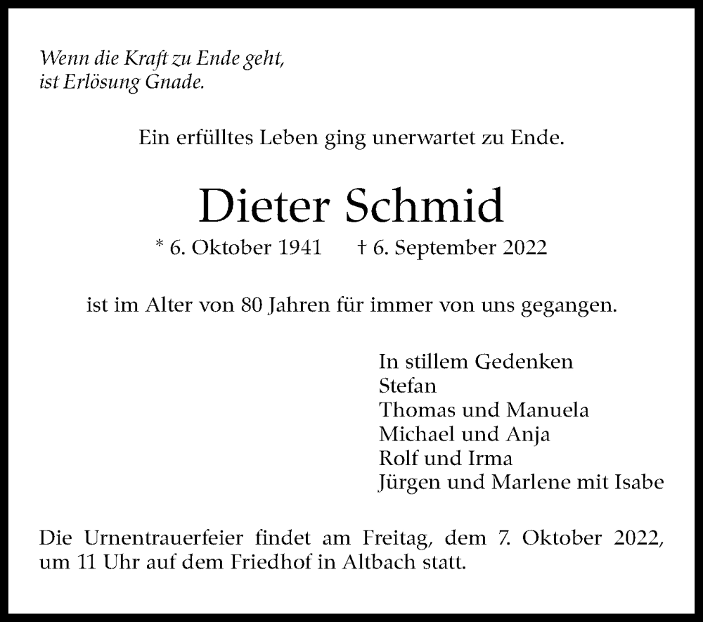  Traueranzeige für Dieter Schmid vom 17.09.2022 aus Eßlinger Zeitung/Cannstatter Zeitung