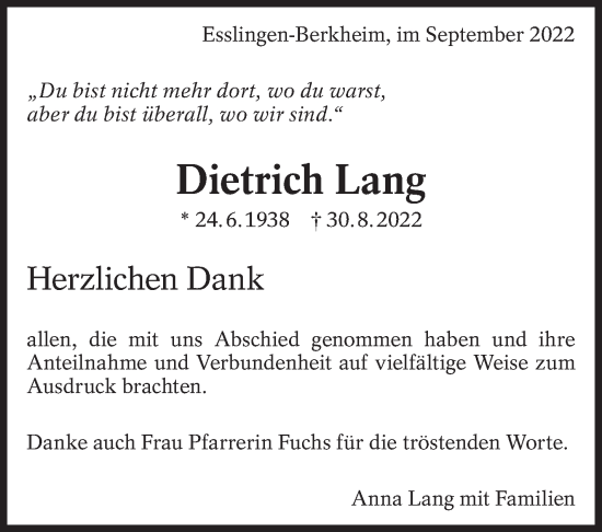 Traueranzeige von Dietrich Lang von Eßlinger Zeitung/Cannstatter Zeitung