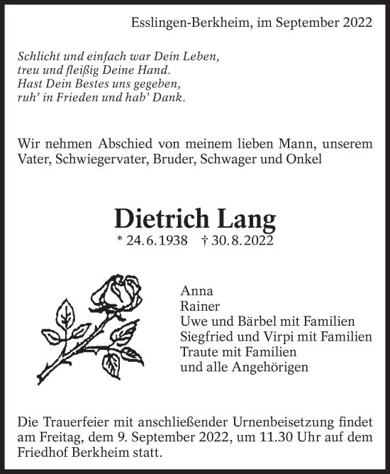 Traueranzeige von Dietrich Lang von Eßlinger Zeitung/Cannstatter Zeitung
