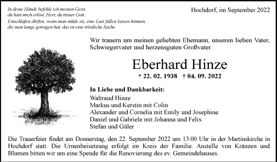 Traueranzeige von Eberhard Hinze von Eßlinger Zeitung/Cannstatter Zeitung