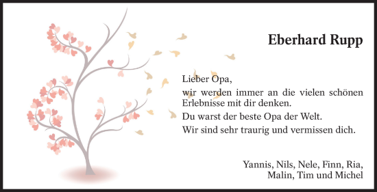 Traueranzeige von Eberhard Rupp von Eßlinger Zeitung/Cannstatter Zeitung