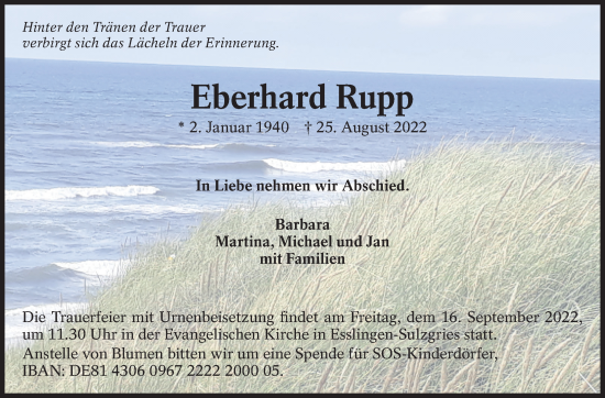 Traueranzeige von Eberhard Rupp von Eßlinger Zeitung/Cannstatter Zeitung