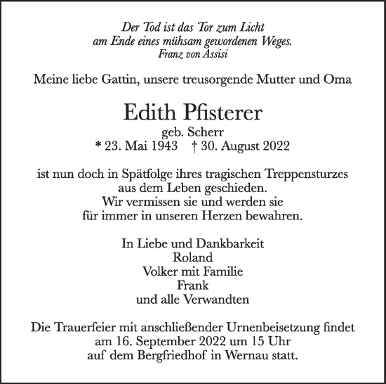 Traueranzeige von Edith Pfisterer von Eßlinger Zeitung/Cannstatter Zeitung