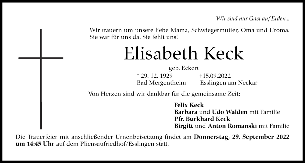  Traueranzeige für Elisabeth Keck vom 22.09.2022 aus Eßlinger Zeitung/Cannstatter Zeitung