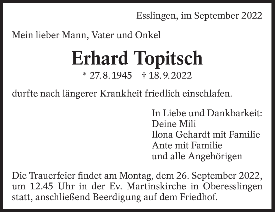 Traueranzeige von Erhard Topitsch von Eßlinger Zeitung/Cannstatter Zeitung
