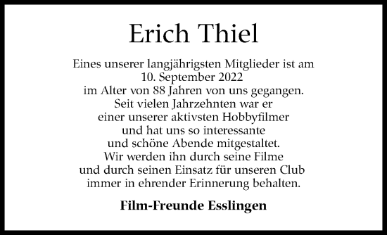 Traueranzeige von Erich Thiel von Eßlinger Zeitung/Cannstatter Zeitung