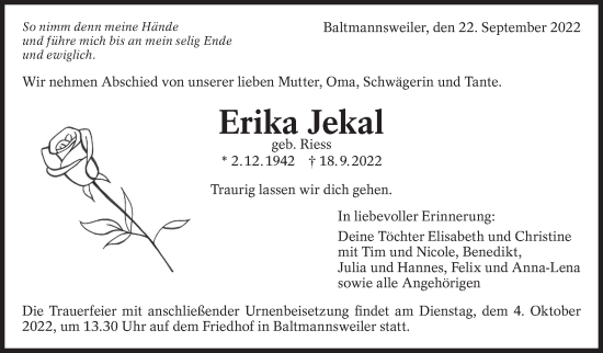 Traueranzeige von Erika Jekal von Eßlinger Zeitung/Cannstatter Zeitung