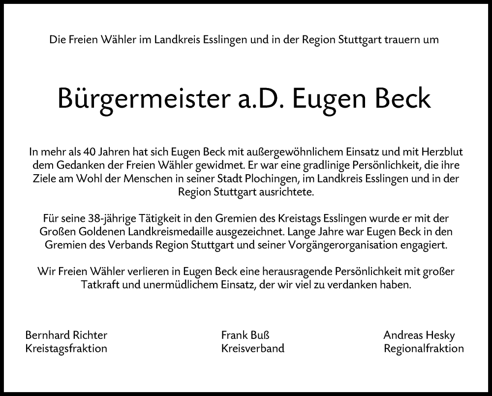  Traueranzeige für Eugen Beck vom 22.09.2022 aus Eßlinger Zeitung/Cannstatter Zeitung