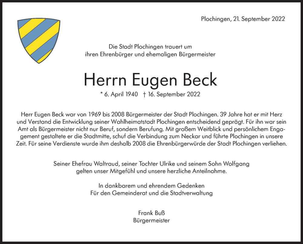  Traueranzeige für Eugen Beck vom 21.09.2022 aus Eßlinger Zeitung/Cannstatter Zeitung