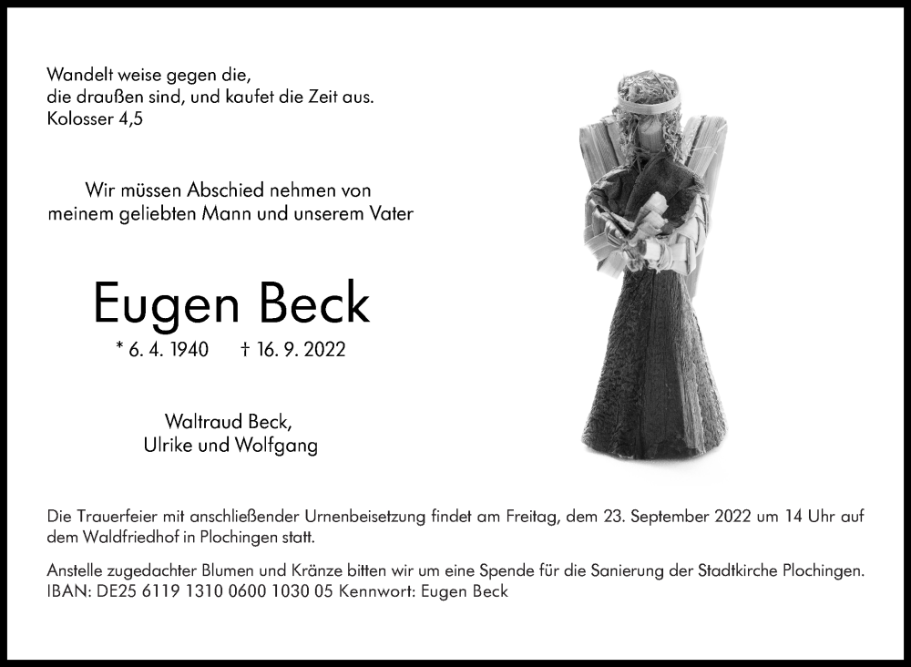  Traueranzeige für Eugen Beck vom 21.09.2022 aus Eßlinger Zeitung/Cannstatter Zeitung