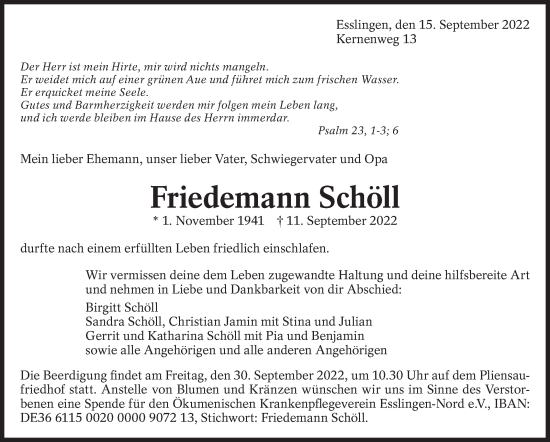 Traueranzeige von Friedemann Schöll von Eßlinger Zeitung/Cannstatter Zeitung