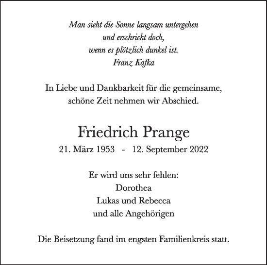 Traueranzeige von Friedrich Prange von Eßlinger Zeitung/Cannstatter Zeitung