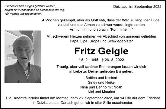 Traueranzeige von Fritz Geigle von Eßlinger Zeitung/Cannstatter Zeitung