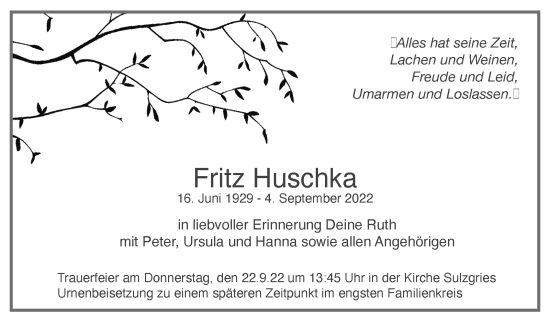 Traueranzeige von Fritz Huschka von Eßlinger Zeitung/Cannstatter Zeitung