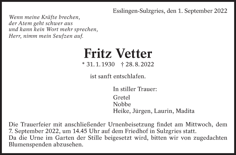  Traueranzeige für Fritz Vetter vom 01.09.2022 aus Eßlinger Zeitung/Cannstatter Zeitung