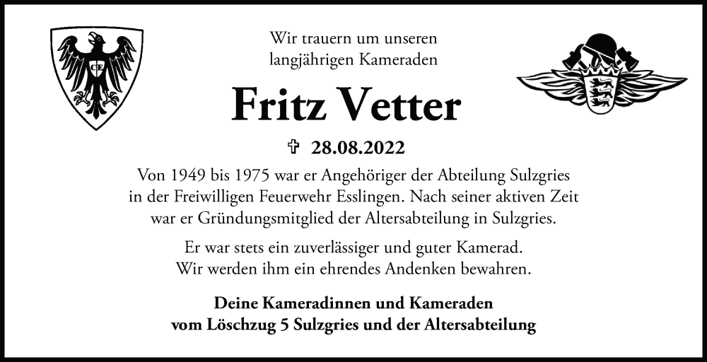  Traueranzeige für Fritz Vetter vom 03.09.2022 aus Eßlinger Zeitung/Cannstatter Zeitung