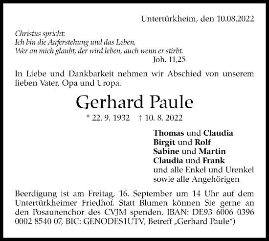 Traueranzeige von Gerhard Paule von Eßlinger Zeitung/Cannstatter Zeitung
