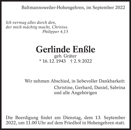 Traueranzeige von Gerlinde Enßle von Eßlinger Zeitung/Cannstatter Zeitung