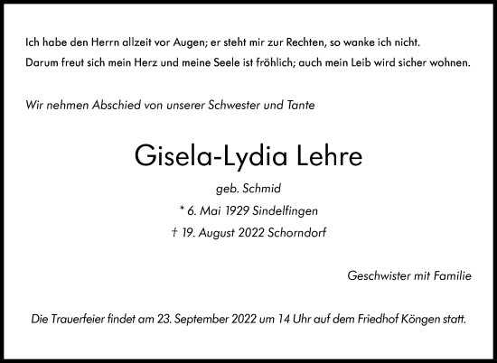 Traueranzeige von Gisela-Lydia Lehre von Eßlinger Zeitung/Cannstatter Zeitung