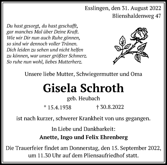 Traueranzeige von Gisela Schroth von Eßlinger Zeitung/Cannstatter Zeitung