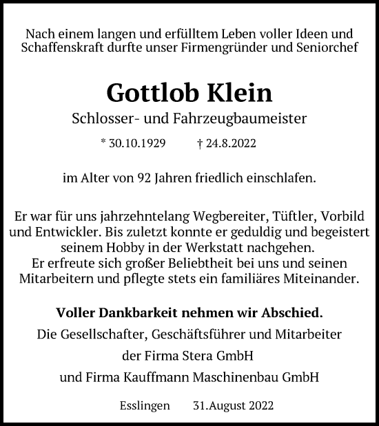 Traueranzeige von Gottlob Klein von Eßlinger Zeitung/Cannstatter Zeitung