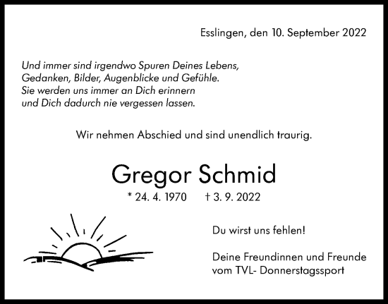 Traueranzeige von Gregor Schmid von Eßlinger Zeitung/Cannstatter Zeitung