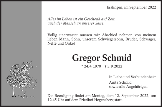 Traueranzeige von Gregor Schmid von Eßlinger Zeitung/Cannstatter Zeitung