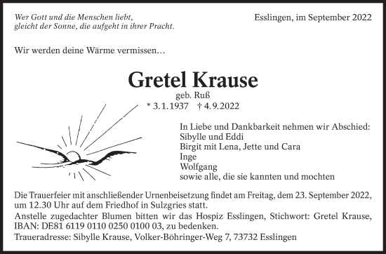 Traueranzeige von Gretel Krause von Eßlinger Zeitung/Cannstatter Zeitung