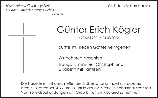 Traueranzeige von Günter Erich Kögler von Eßlinger Zeitung/Cannstatter Zeitung