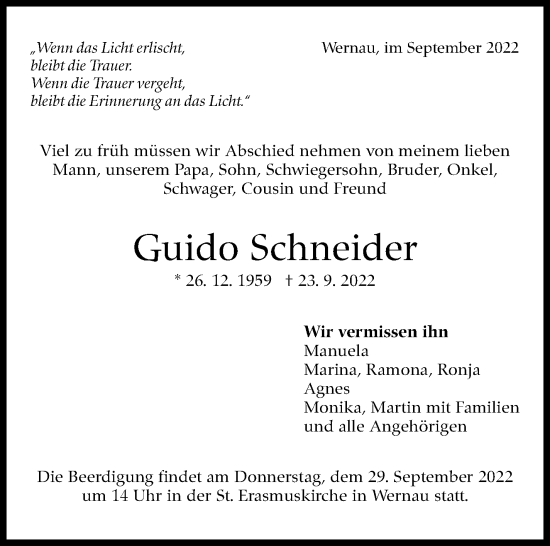 Traueranzeige von Guido Schneider von Eßlinger Zeitung/Cannstatter Zeitung