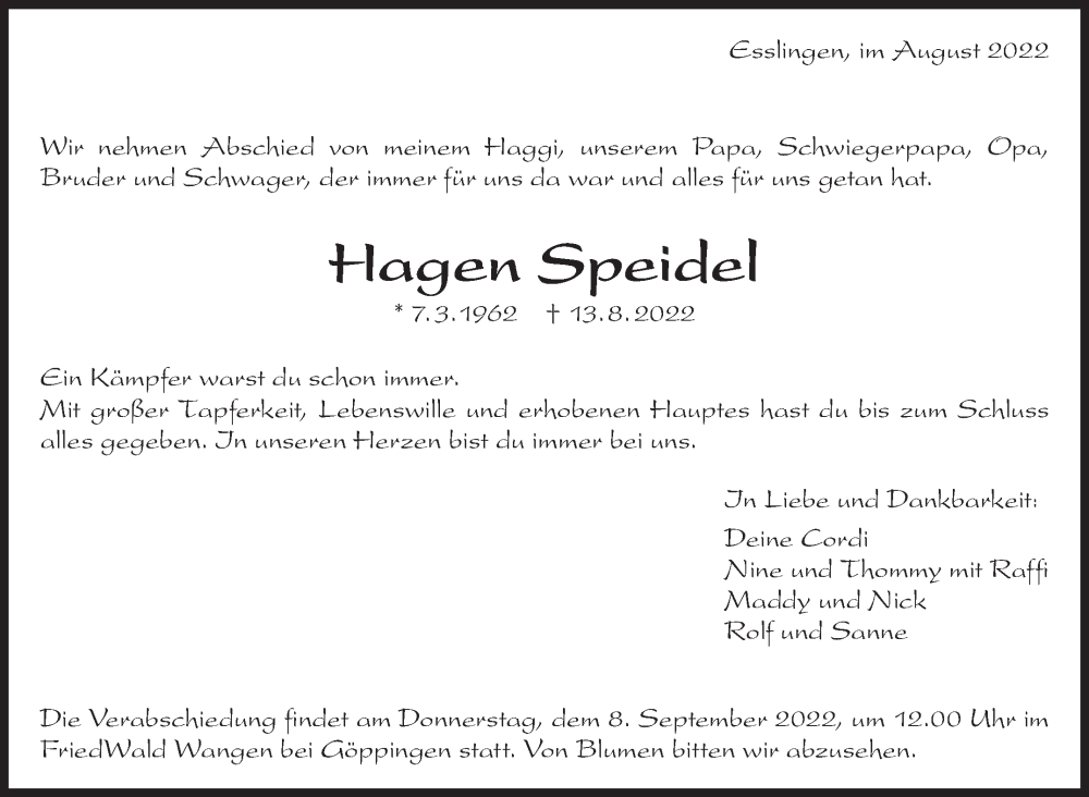  Traueranzeige für Hagen Speidel vom 31.08.2022 aus Eßlinger Zeitung/Cannstatter Zeitung
