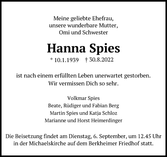 Traueranzeige von Hanna Spies von Eßlinger Zeitung/Cannstatter Zeitung