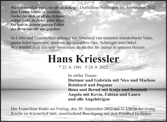 Traueranzeige von Hans Kriessler von Eßlinger Zeitung/Cannstatter Zeitung