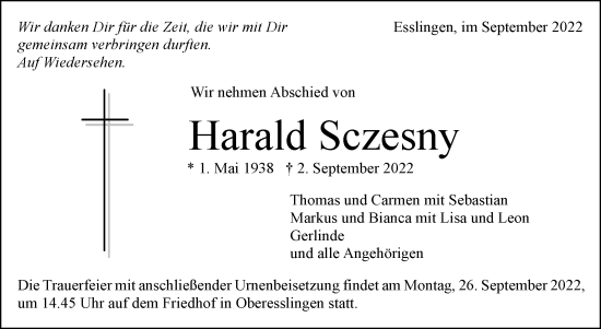 Traueranzeige von Harald Sczesny von Eßlinger Zeitung/Cannstatter Zeitung