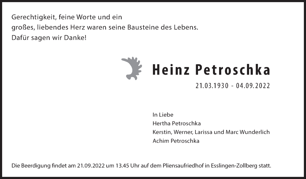  Traueranzeige für Heinz Petroschka vom 16.09.2022 aus Eßlinger Zeitung/Cannstatter Zeitung