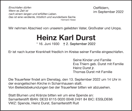 Traueranzeige von Heinz Karl Durst von Eßlinger Zeitung/Cannstatter Zeitung