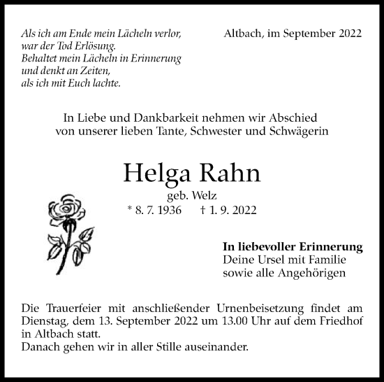 Traueranzeige von Helga Rahn von Eßlinger Zeitung/Cannstatter Zeitung