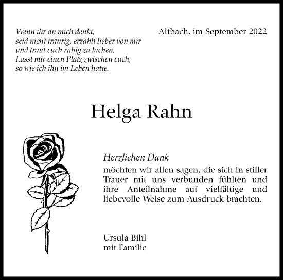 Traueranzeige von Helga Rahn von Eßlinger Zeitung/Cannstatter Zeitung