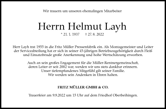 Traueranzeige von Helmut Layh von Eßlinger Zeitung/Cannstatter Zeitung