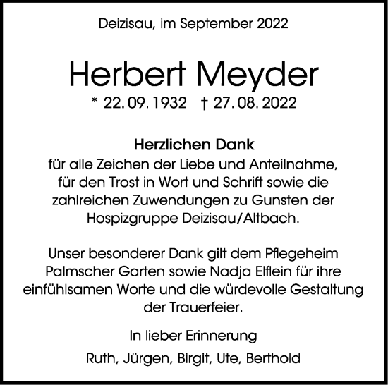 Traueranzeige von Herbert Meyder von Eßlinger Zeitung/Cannstatter Zeitung