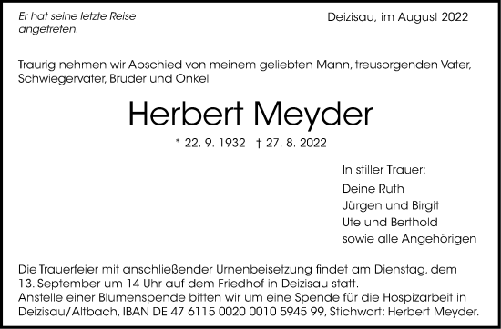 Traueranzeige von Herbert Meyder von Eßlinger Zeitung/Cannstatter Zeitung