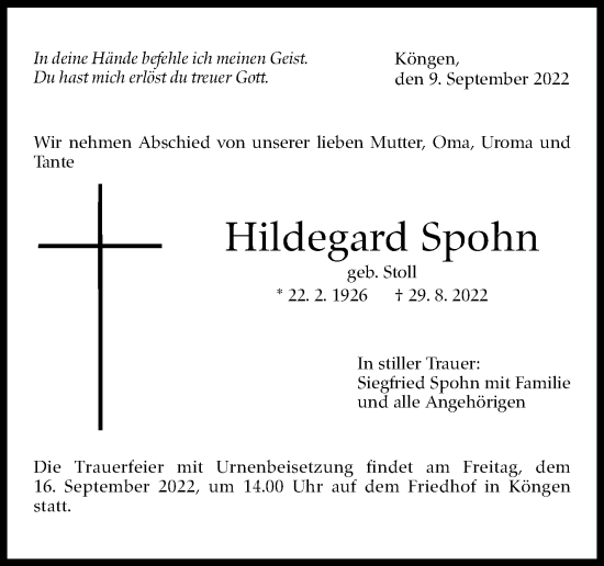 Traueranzeige von Hildegard Spohn von Eßlinger Zeitung/Cannstatter Zeitung