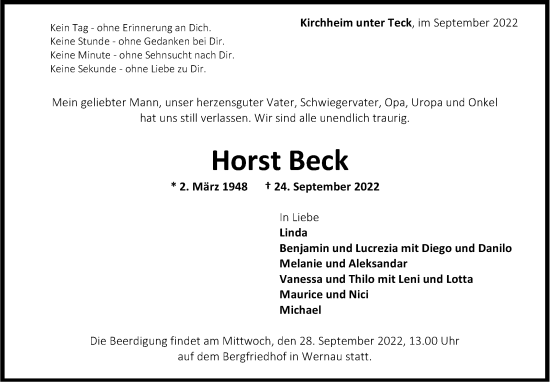 Traueranzeige von Horst Beck von Eßlinger Zeitung/Cannstatter Zeitung