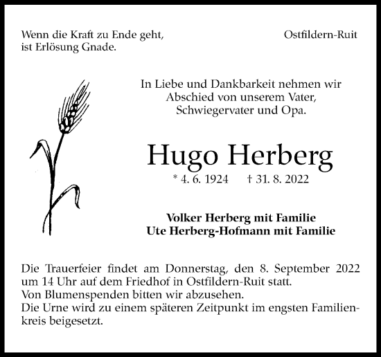 Traueranzeige von Hugo Herberg von Eßlinger Zeitung/Cannstatter Zeitung