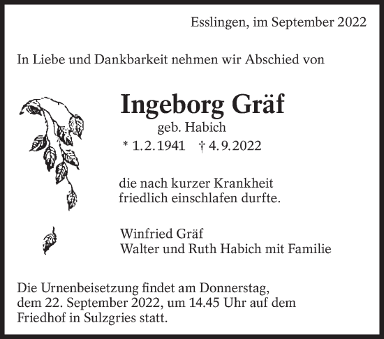 Traueranzeige von Ingeborg Gräf von Eßlinger Zeitung/Cannstatter Zeitung